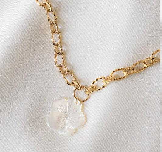 Collier Flora en Acier Inoxydable - Pendentif Nacre Blanche