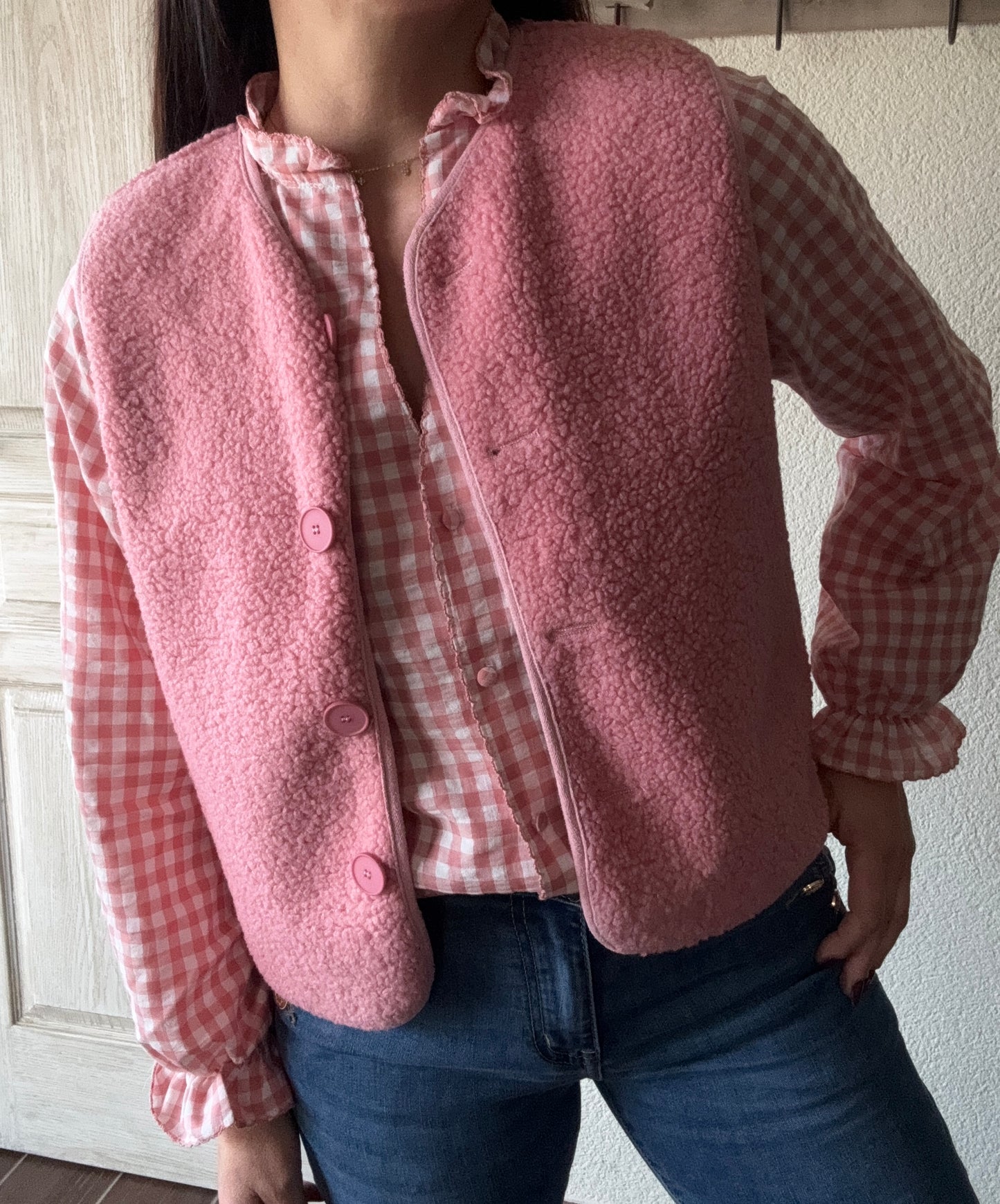 Chemisier Rose Vichy Femme - 100% Coton avec Détails Festonnés