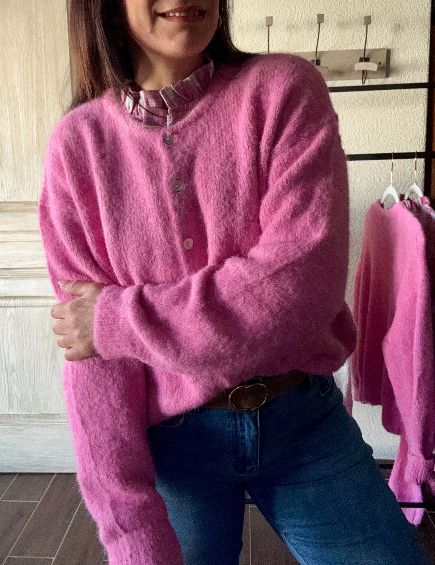 gilet rose boutonné devant - carole 's -mode femme 
