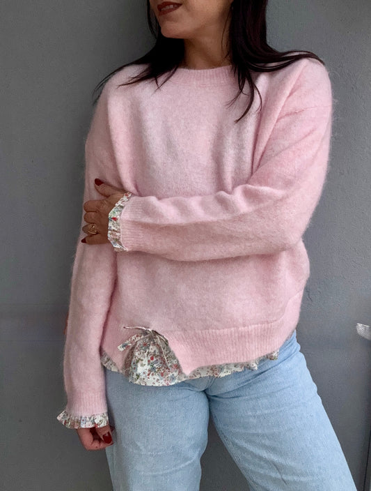 pull femme Auguste rose avec détails liberty