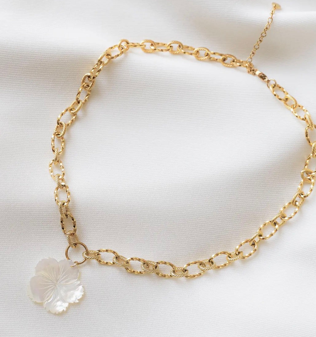 Collier Flora en Acier Inoxydable - Pendentif Nacre Blanche
