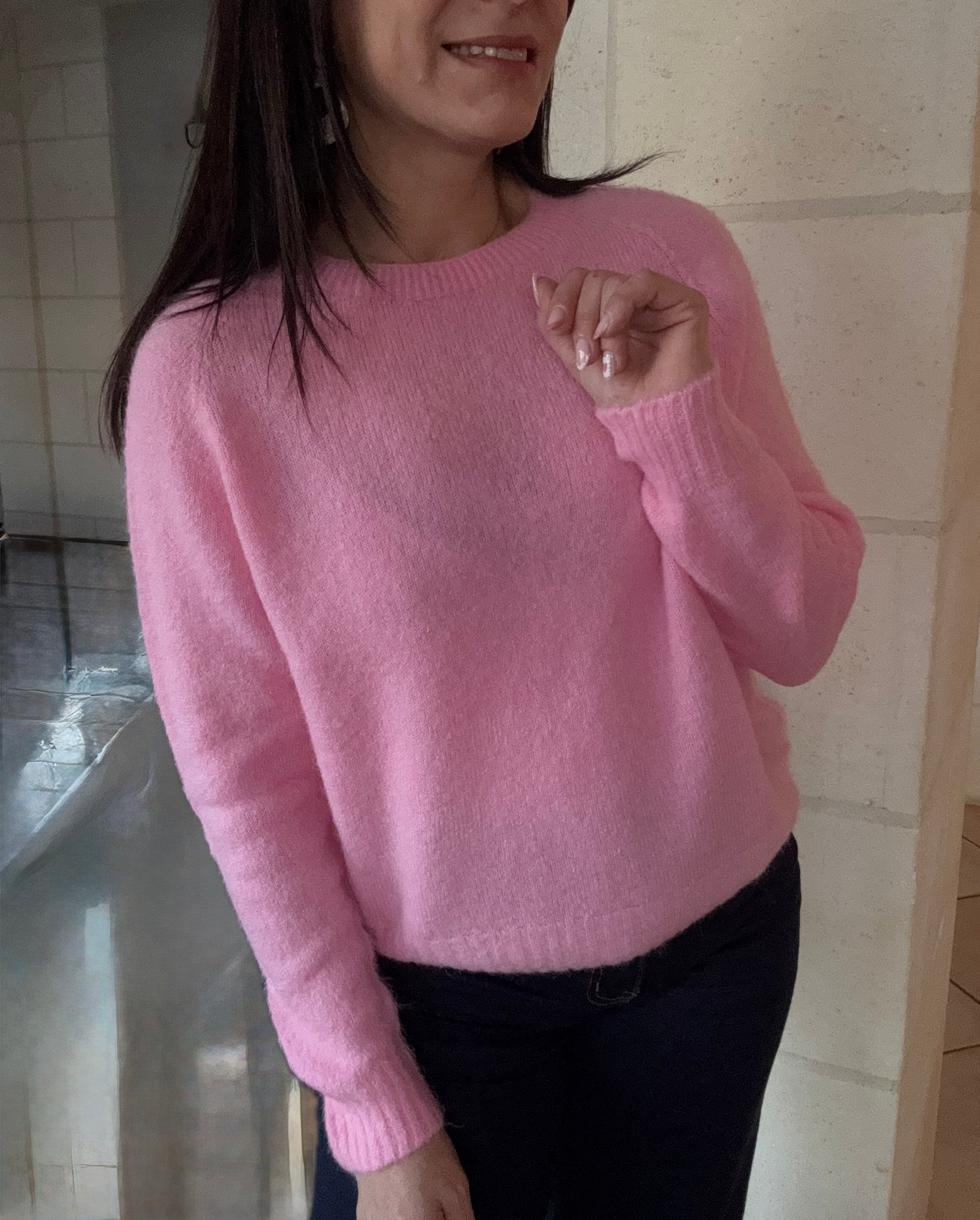 pull Chary rose tendre , alpaga superfine , fabrication italienne, Carole 's