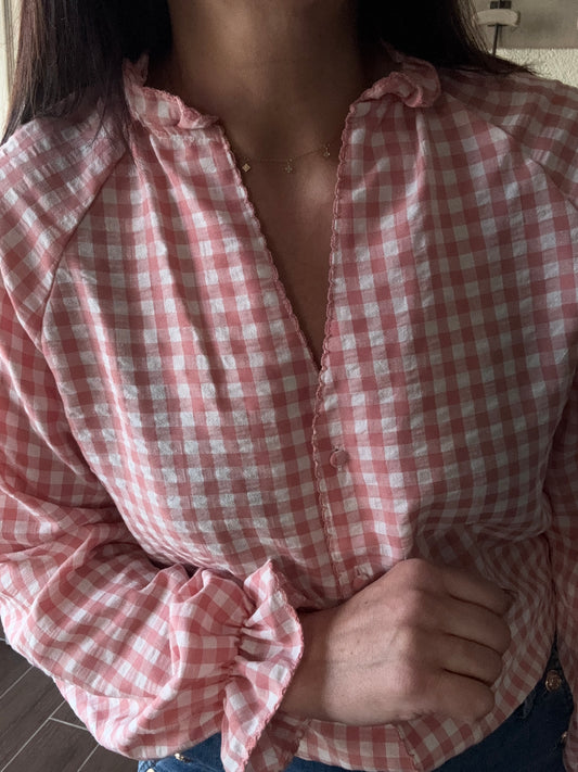 Chemisier Rose Vichy Femme - 100% Coton avec Détails Festonnés