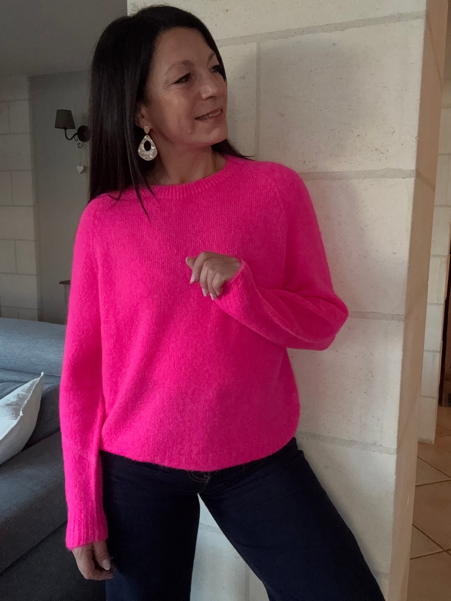 pull Charly fushia col rond, alpaga superfine , fabrication italienne , Carole 's
