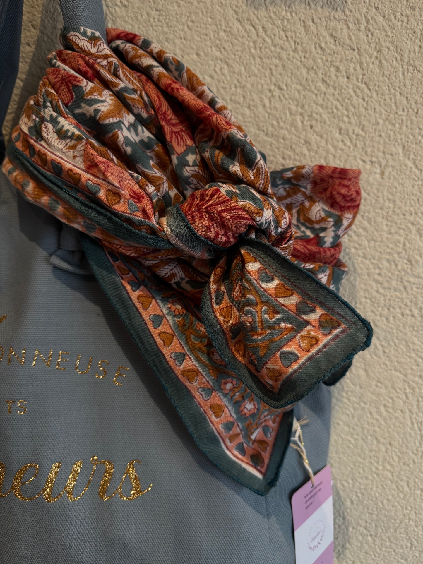 Foulard Indien Artisanal 104 100x100cm - Impression Bloc de Bois Main 100% Coton