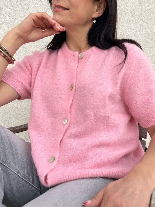 cardigan femme rose tendre avec boutons nacrés , fabrication italienne 